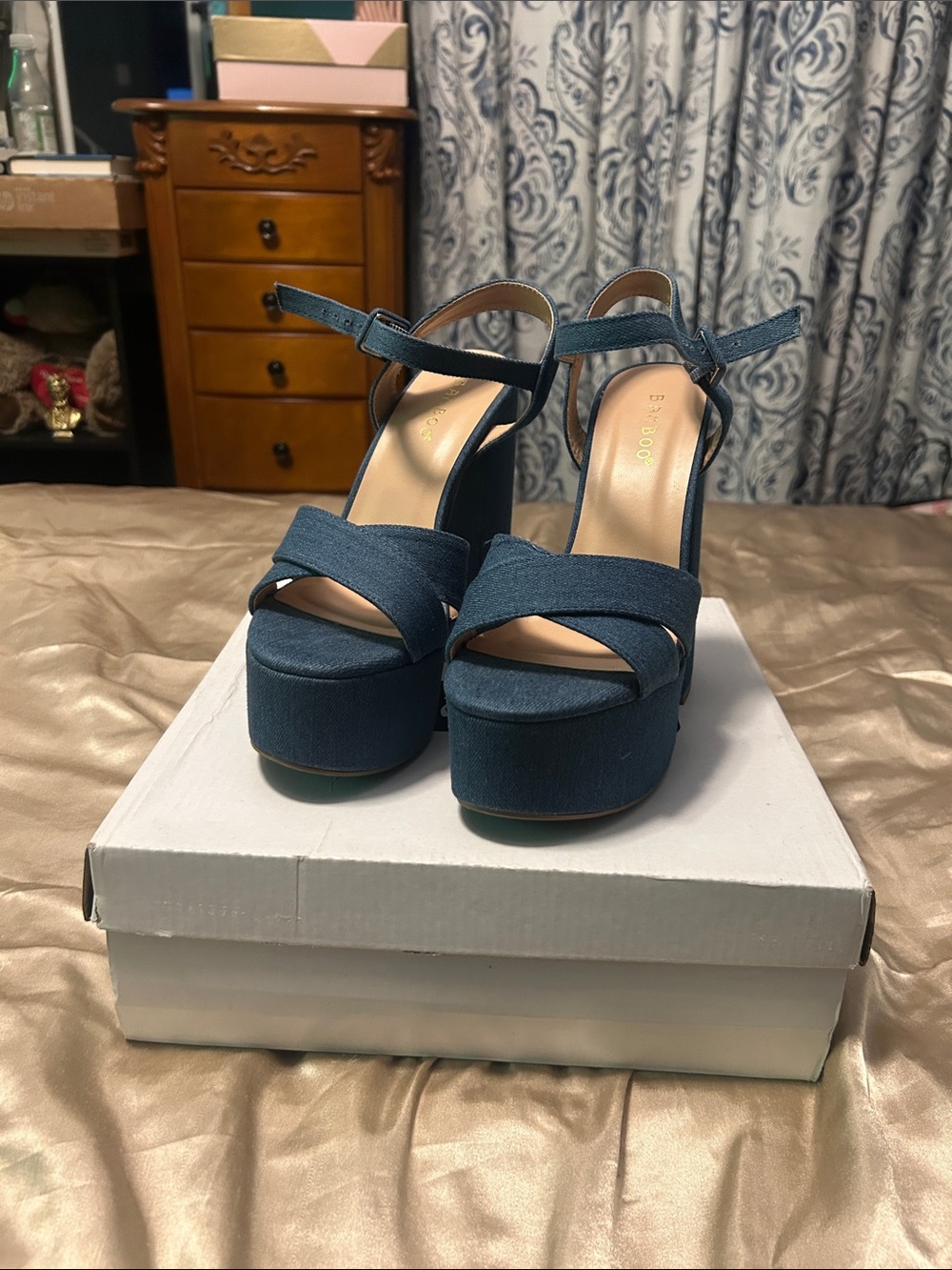 Platform Ankle-Strap Sandals in Denim Blue by